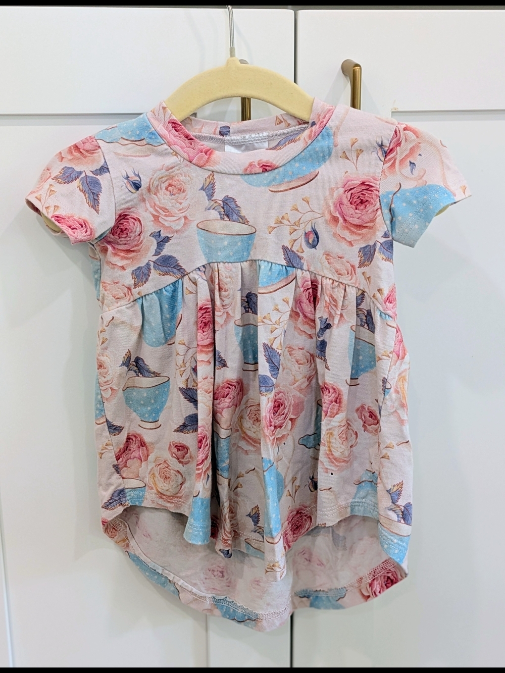 Girls Pink Floral & Blue Teacup Dress Top
